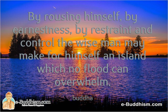 By arousing himself, by earnestness, by restraint and control the wise man may make for himself an island which no flood can overwhelm. -Buddha