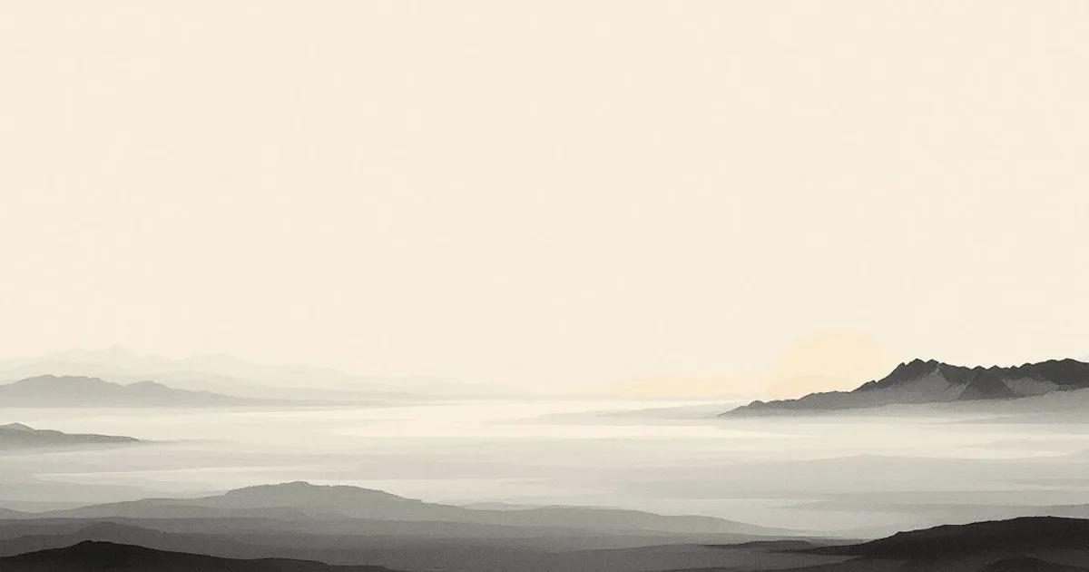 Agganna Sutta: mist over still water between low mountain ridges, faint light on the horizon (ink-wash illustration)