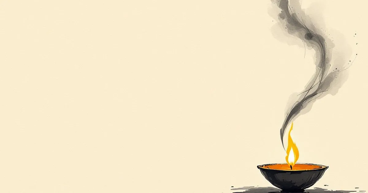 Ajahn Brahm: a single oil lamp burning quietly (ink-wash illustration)