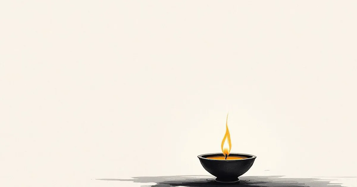 Sumi-e ink-wash illustration: a single oil lamp burning quietly.