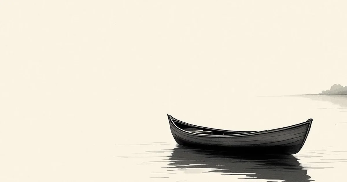 Alan Watts: an empty boat moored alone on still water (ink-wash illustration)
