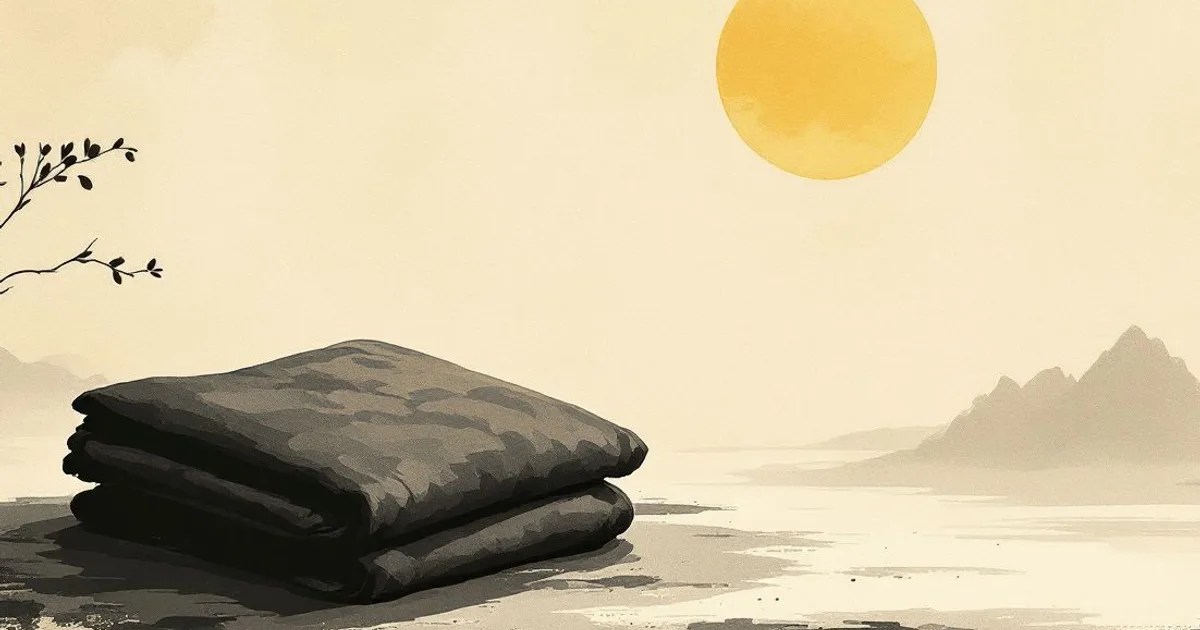Ambapali: a folded monastic robe resting in soft dawn light (ink-wash illustration)