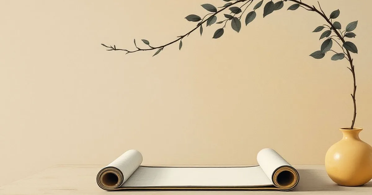 Sumi-e ink-wash illustration: an open palm-leaf manuscript unrolled on a low table in soft morning light, a slender leafy branch arching gently above.