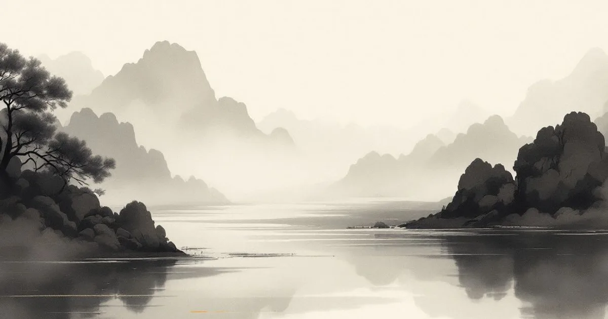 Sumi-e ink-wash illustration: mist drifting over quiet water.