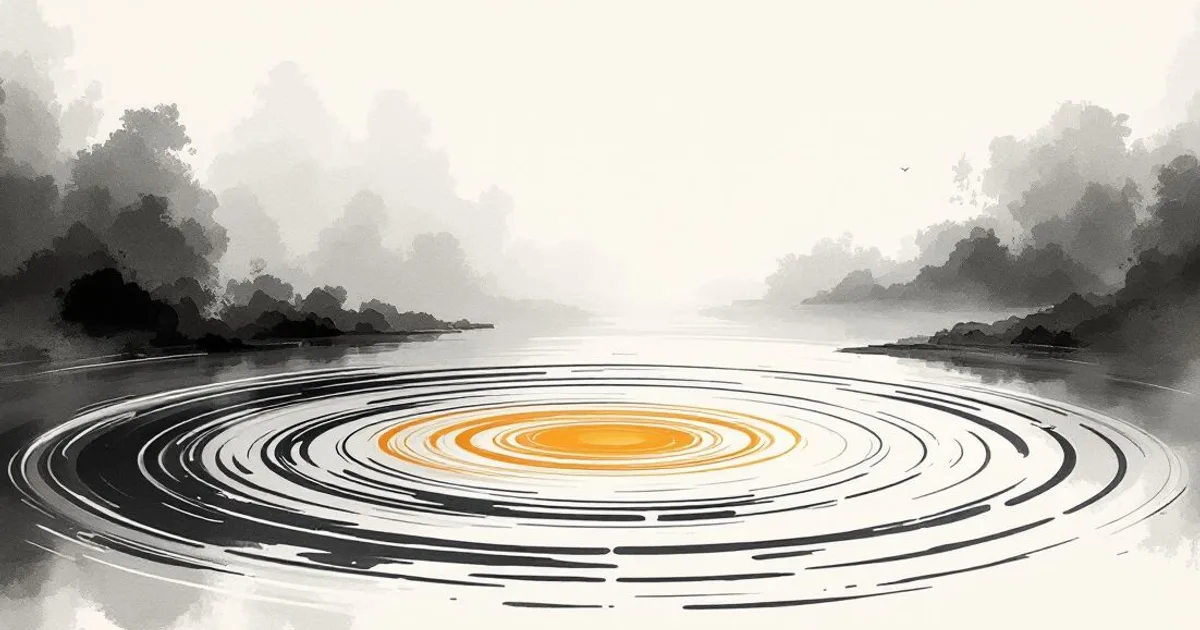 Sumi-e ink-wash illustration: concentric ripples spreading on a still pond.