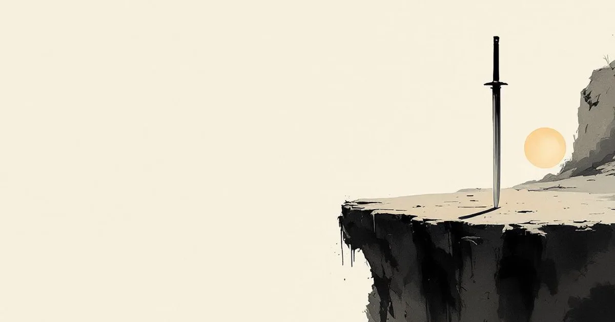 Sumi-e ink-wash illustration: a single sword laid down on bare stone at the edge of a cliff at dawn.