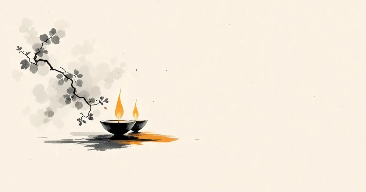 Sumi-e ink-wash illustration: two simple oil lamps burning side by side with equal, steady flame.