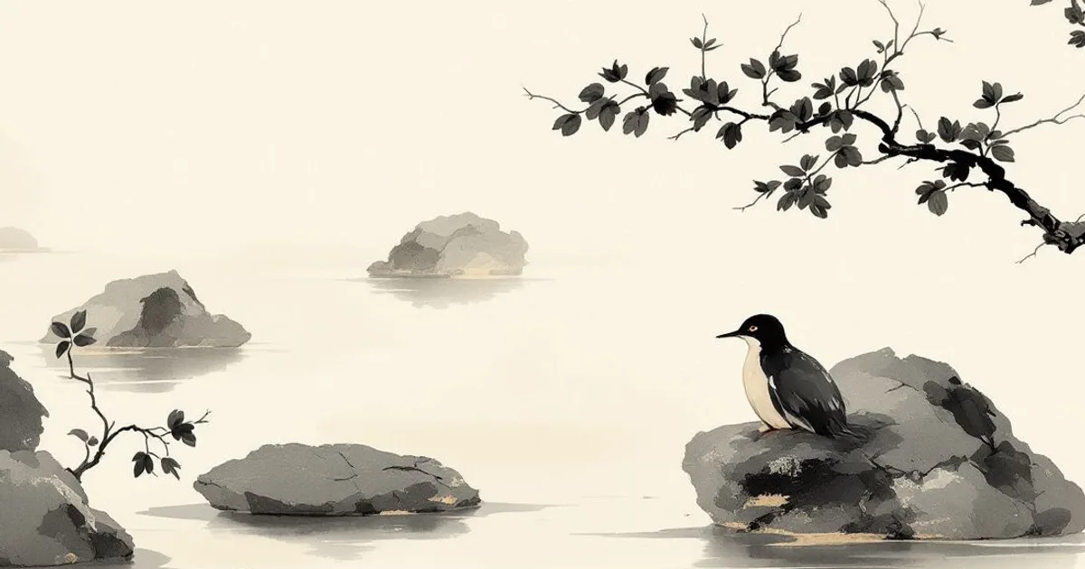 Sumi-e ink-wash illustration: carved stone catching low light.