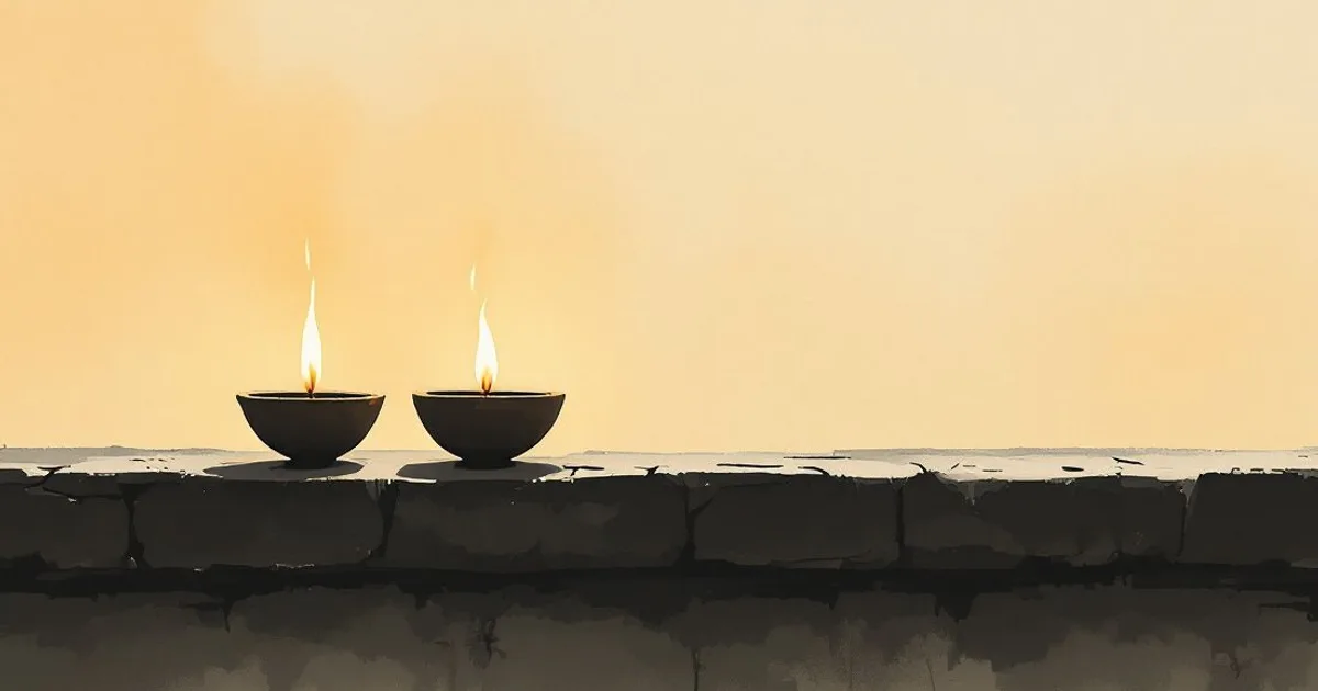 Asanga and Vasubandhu: two small clay oil lamps burning side by side on a stone ledge (ink-wash illustration)