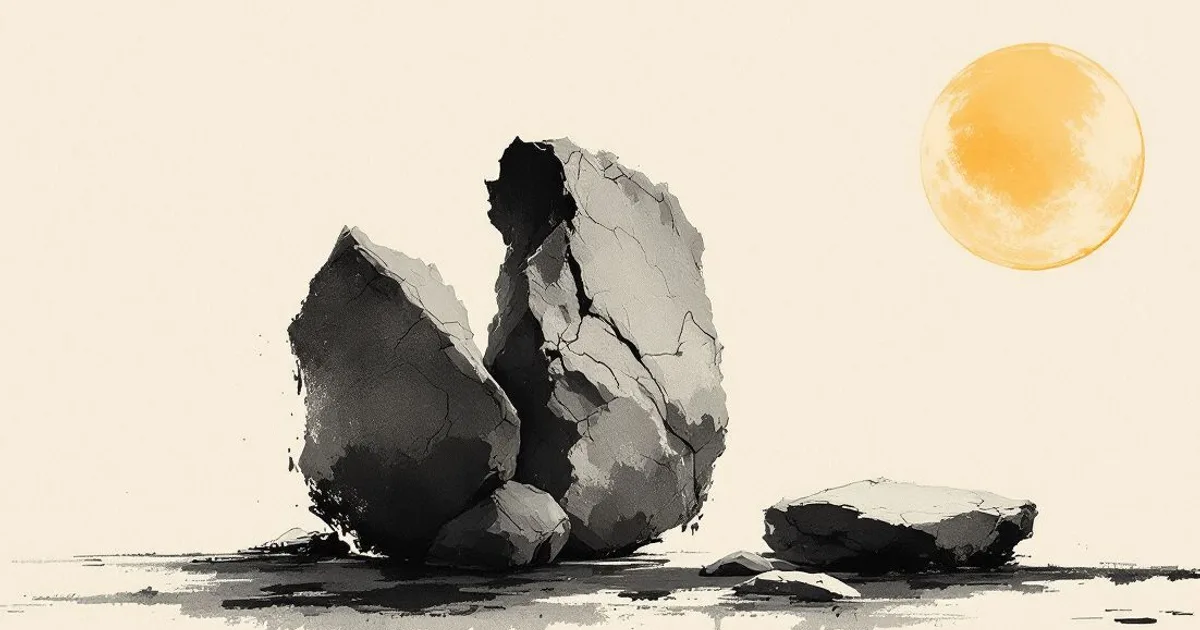 Sumi-e ink-wash illustration: carved stone catching low light.
