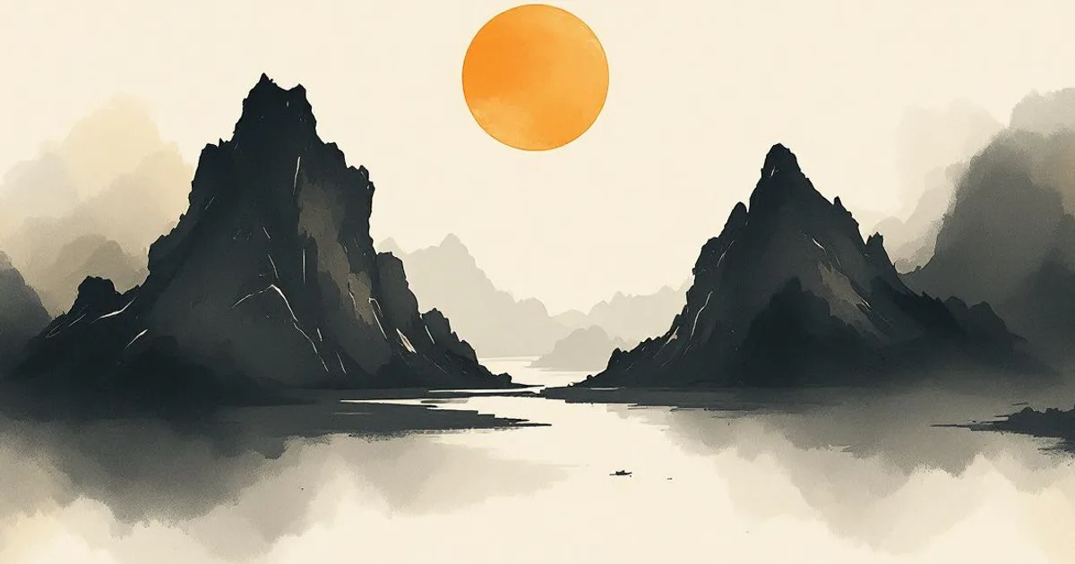 Sumi-e ink-wash illustration: two stark peaks facing each other across a narrow divide.