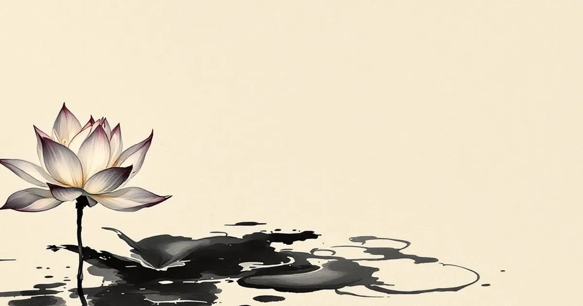 Ayya Khema: a single lotus rising from calm water in gentle light (ink-wash illustration)