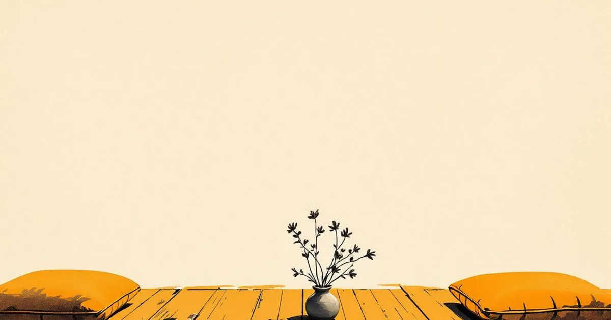 Beginning Anew: a small stone vase of dark flowering sprigs on a wooden floor between two cushions (ink-wash illustration)