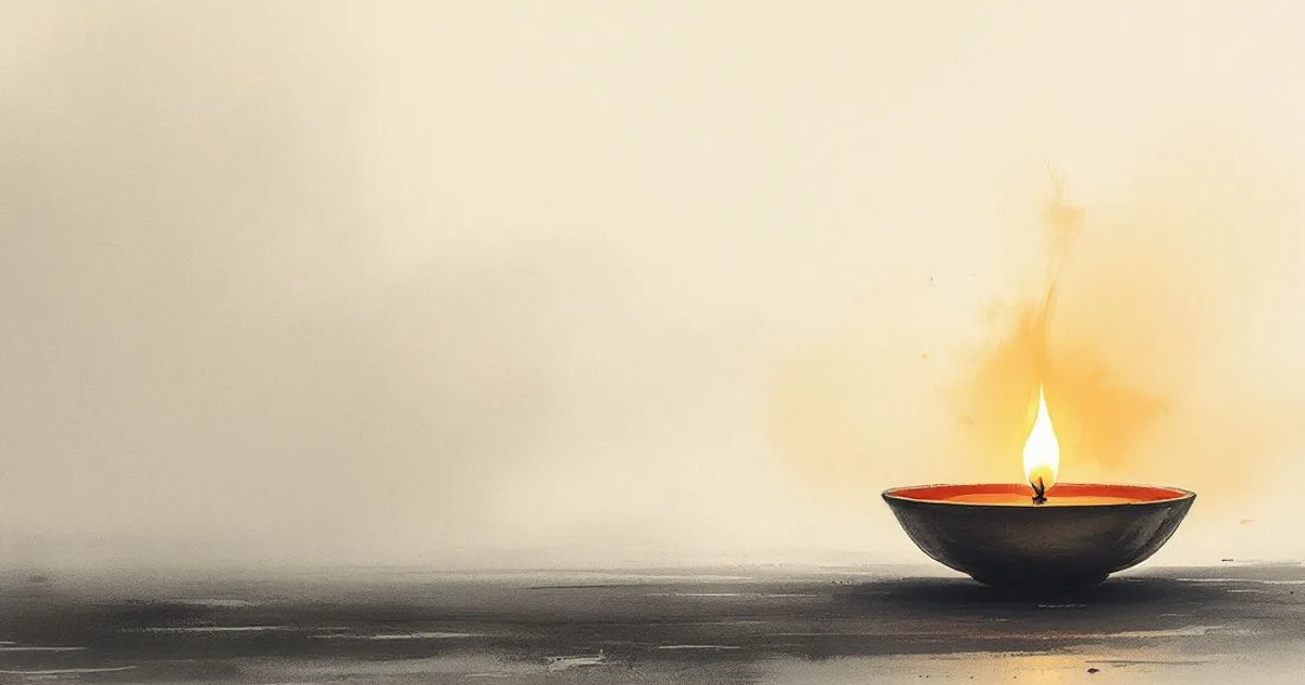 Bhikkhu Bodhi: a single oil lamp burning quietly (ink-wash illustration)
