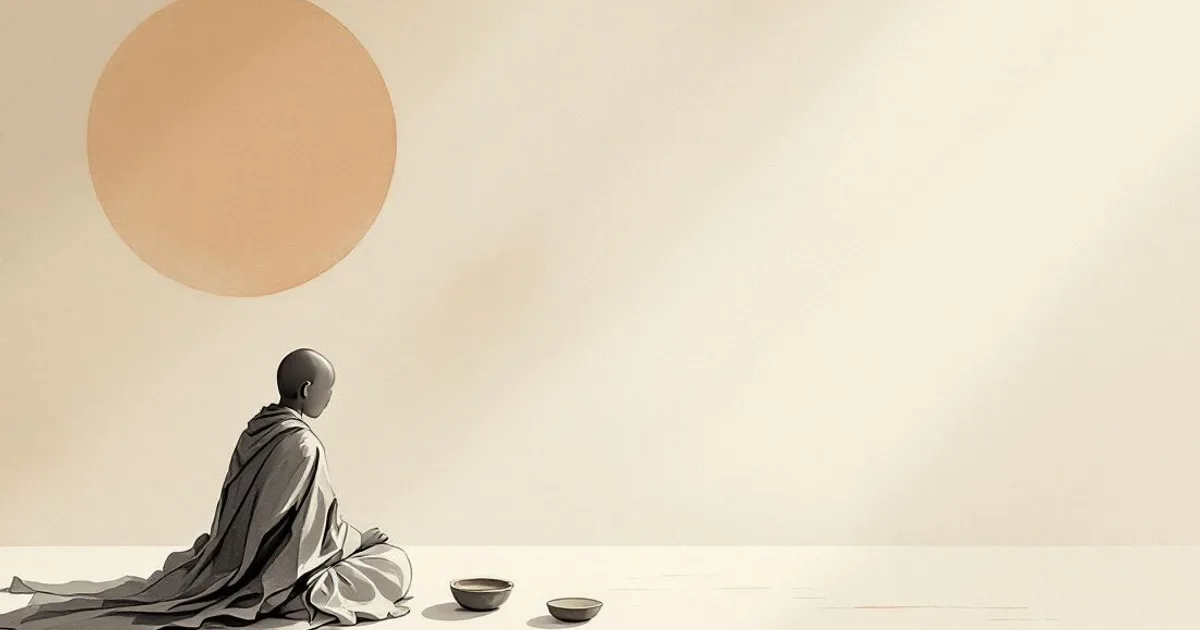 Sumi-e ink-wash illustration: a simple alms bowl and a neatly folded robe in soft morning light.