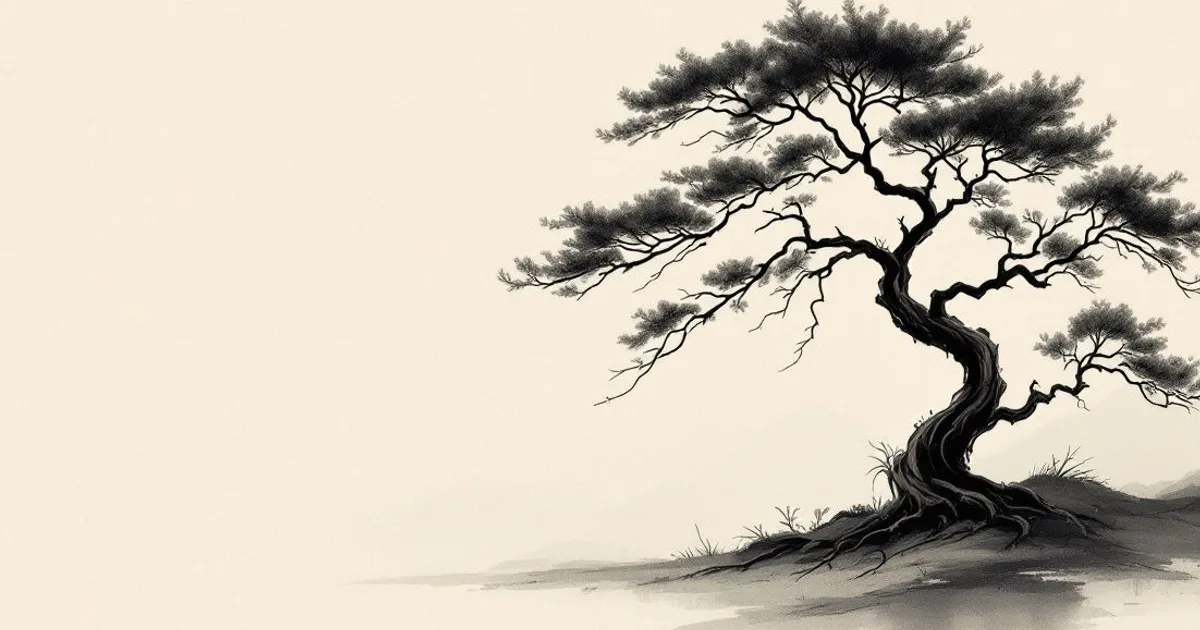 Sumi-e ink-wash illustration: a solitary bodhi tree at dawn.