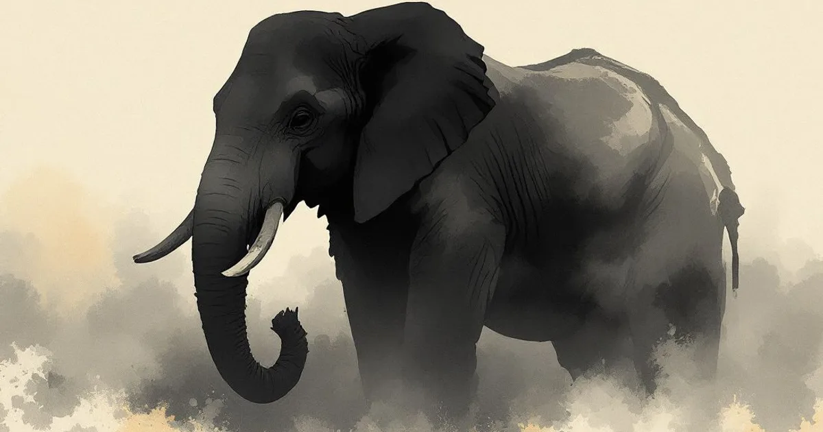 Sumi-e ink-wash illustration: the soft silhouette of an elephant half-seen through mist.