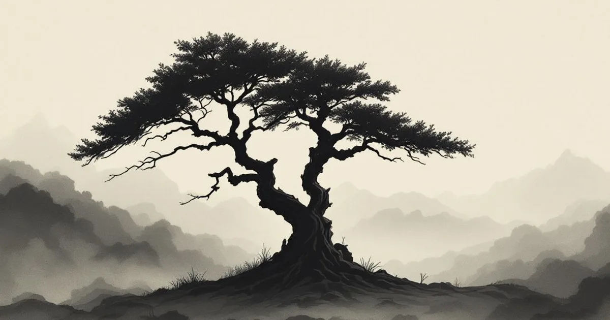Sumi-e ink-wash illustration: a great bodhi tree in silhouette on a misty hillside at dawn.