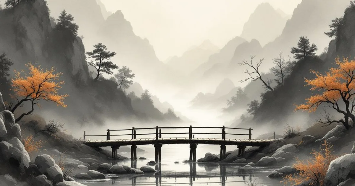 The Bodhisattva Vows: an empty wooden footbridge across a misty mountain stream (ink-wash illustration)