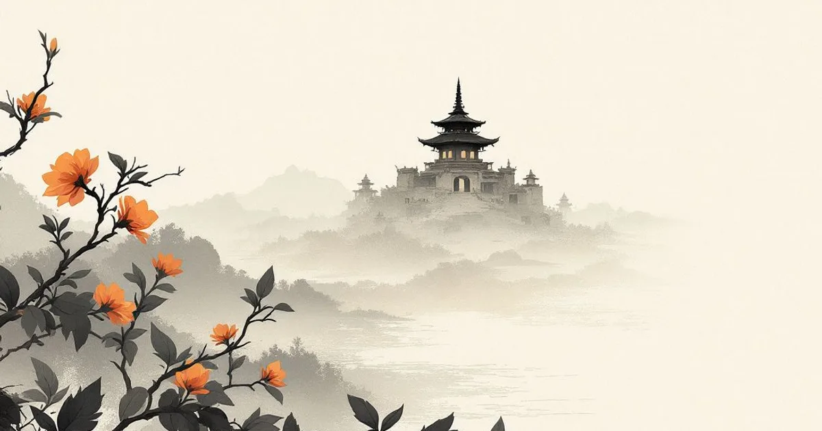 Sumi-e ink-wash illustration: a weathered stone stupa in silhouette.