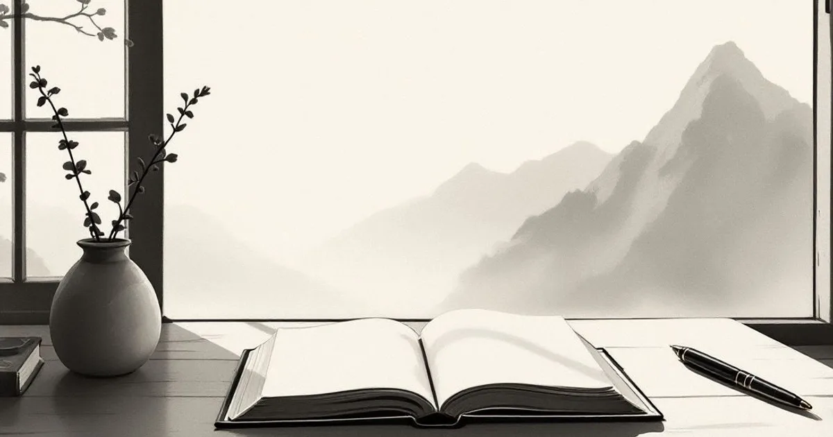 B. R. Ambedkar and Buddhism: an open book and a pen on a desk by a window at dawn (ink-wash illustration)