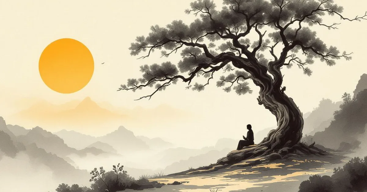 Sumi-e ink-wash illustration: an empty seat beneath a great tree at sunrise.