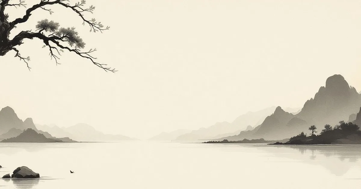 Sumi-e ink-wash illustration: first dawn light breaking over a great tree and still water.
