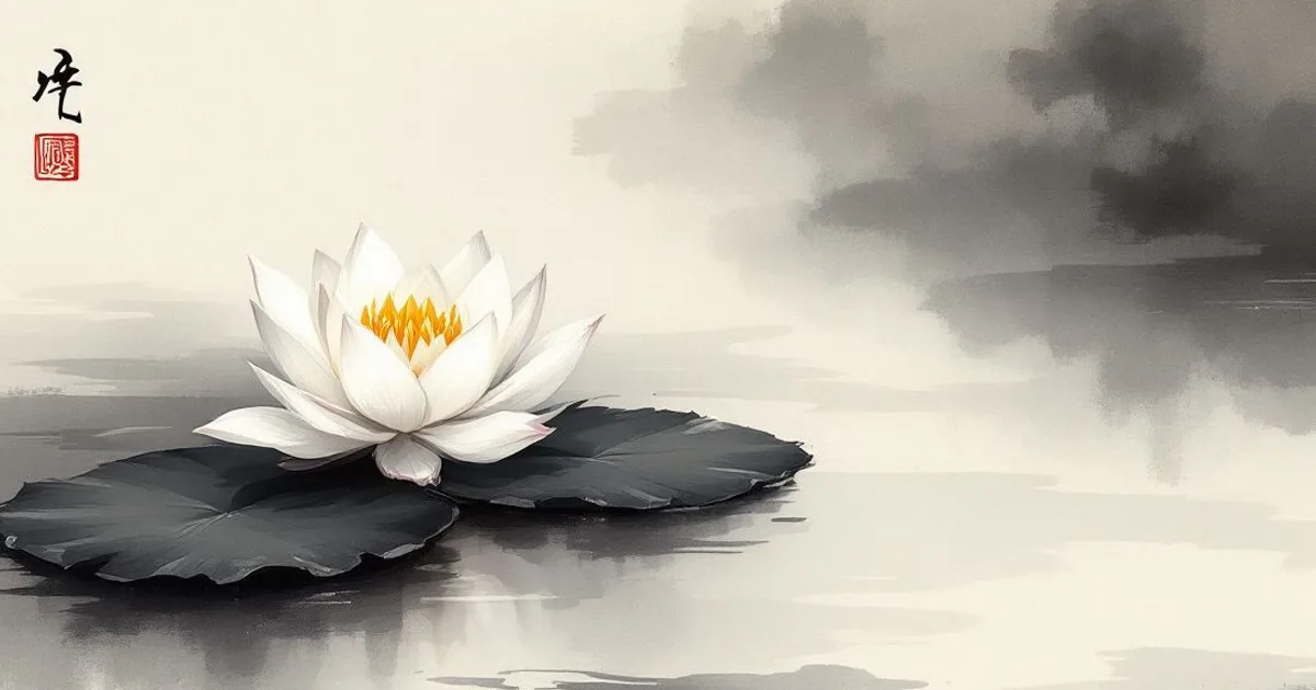 Buddha Quotes on Death: a single lotus on calm water (ink-wash illustration)