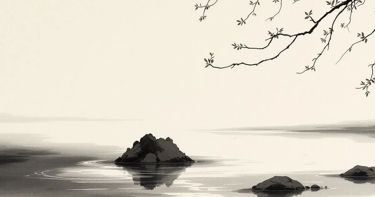 Buddha Quotes on Happiness: a still pond at dawn (ink-wash illustration)