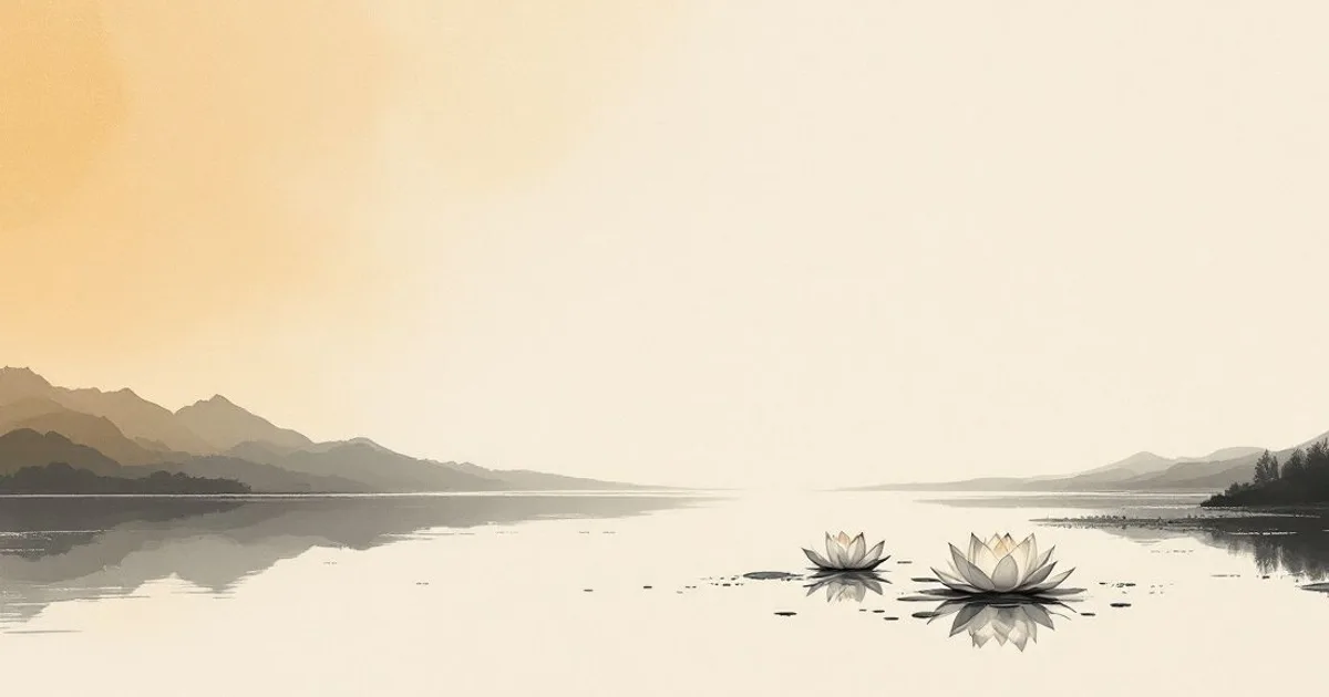 Buddha Quotes on Love: a single lotus on calm water (ink-wash illustration)