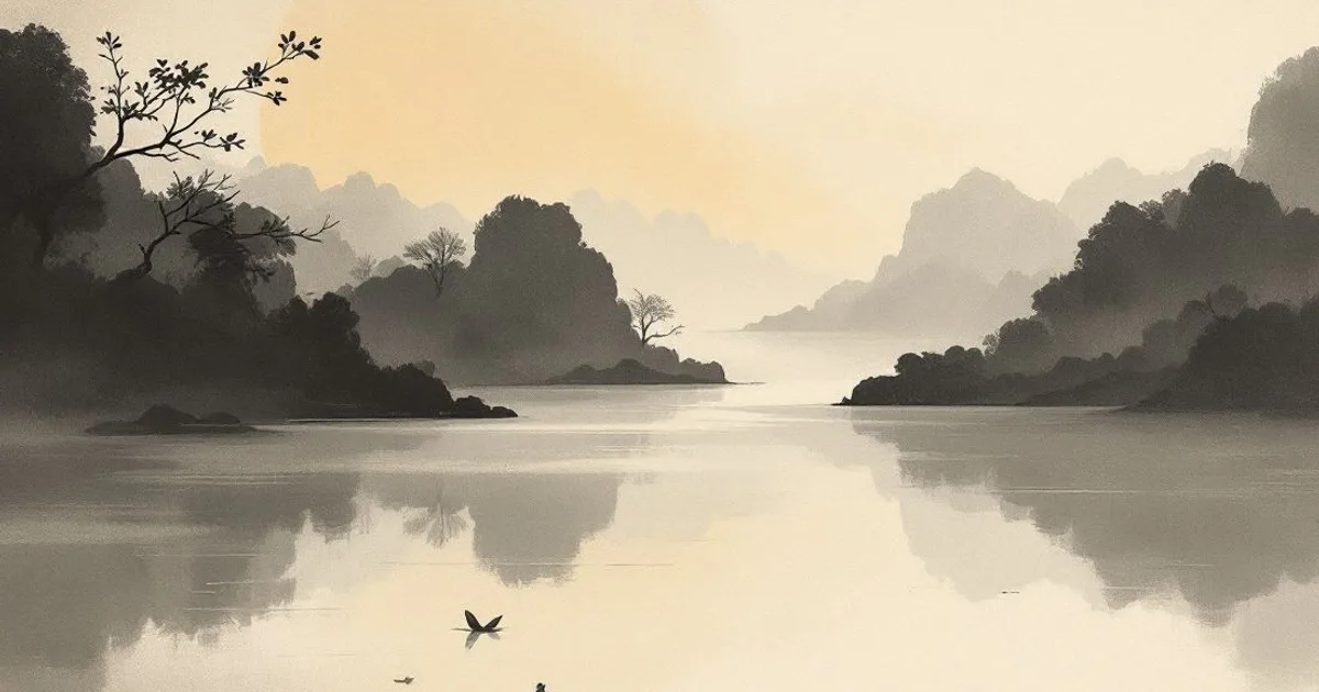 Buddha Quotes on Peace: a still pond at dawn (ink-wash illustration)