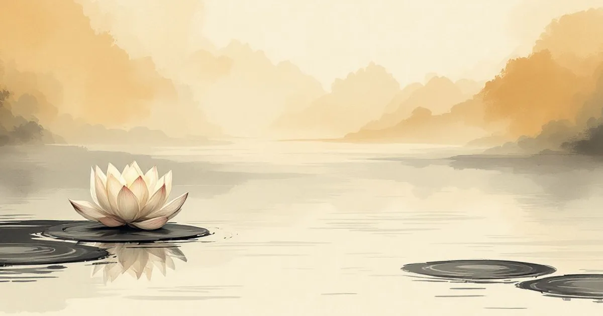 Sumi-e ink-wash illustration: a single open lotus on still water.