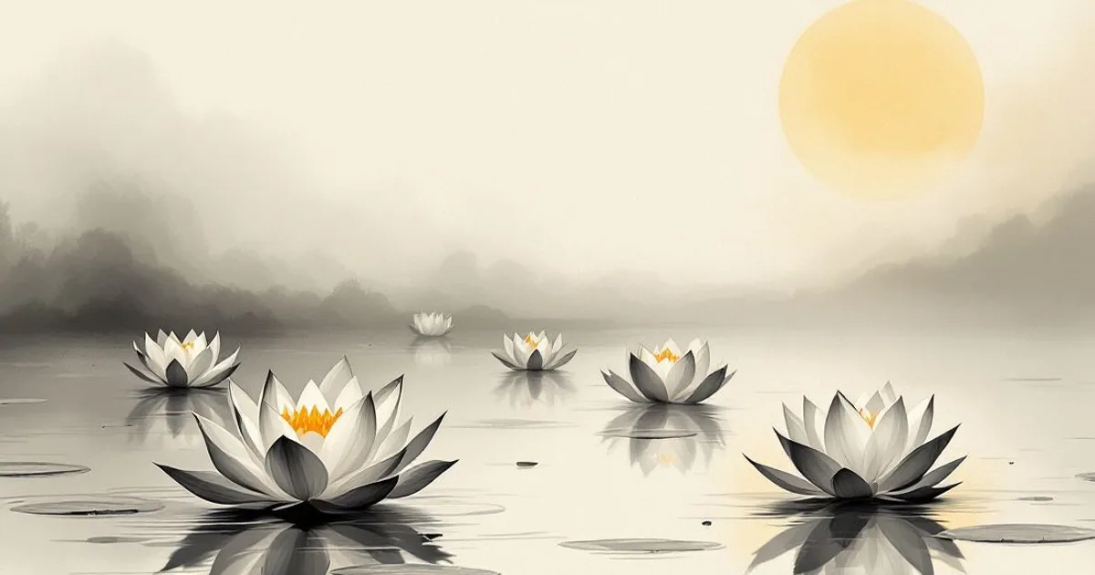 Sumi-e ink-wash illustration: several lotus blossoms opening on still water in soft light.
