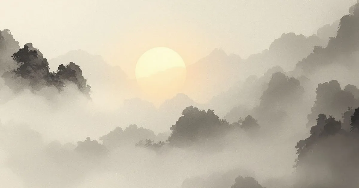 Sumi-e ink-wash illustration: soft light through drifting mist.