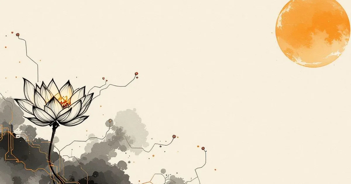 Buddhism and AI: a glowing lotus with circuit-board traces running through the ink wash (ink-wash illustration)