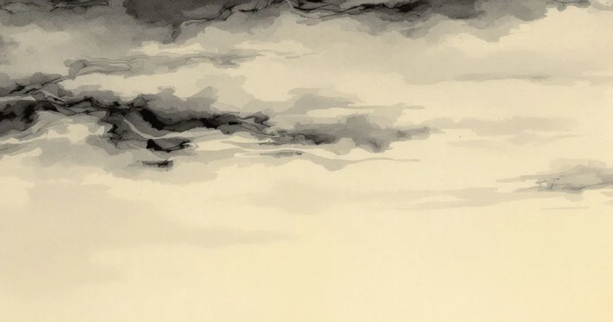 Sumi-e ink-wash illustration: choppy water settling slowly into glass-calm stillness.