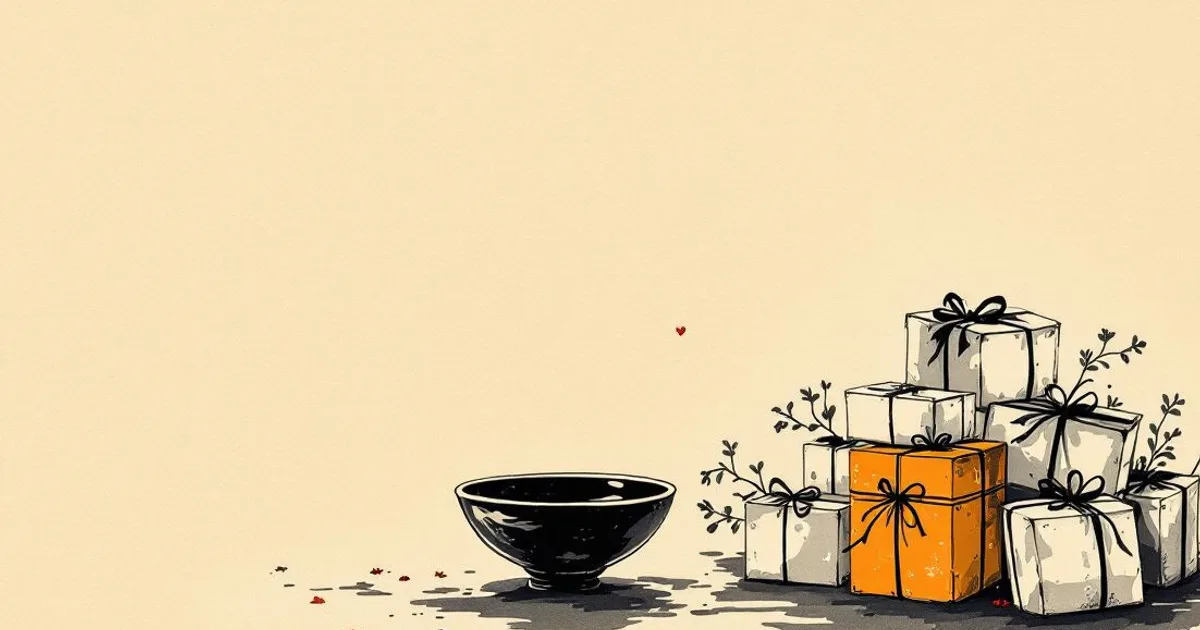 Buddhism and Consumerism: a plain black bowl beside a heap of wrapped gift boxes (ink-wash illustration)