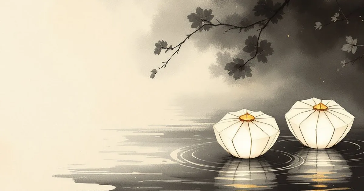 Buddhism and Dating: two paper lanterns floating together on dark water beneath a branch (ink-wash illustration)