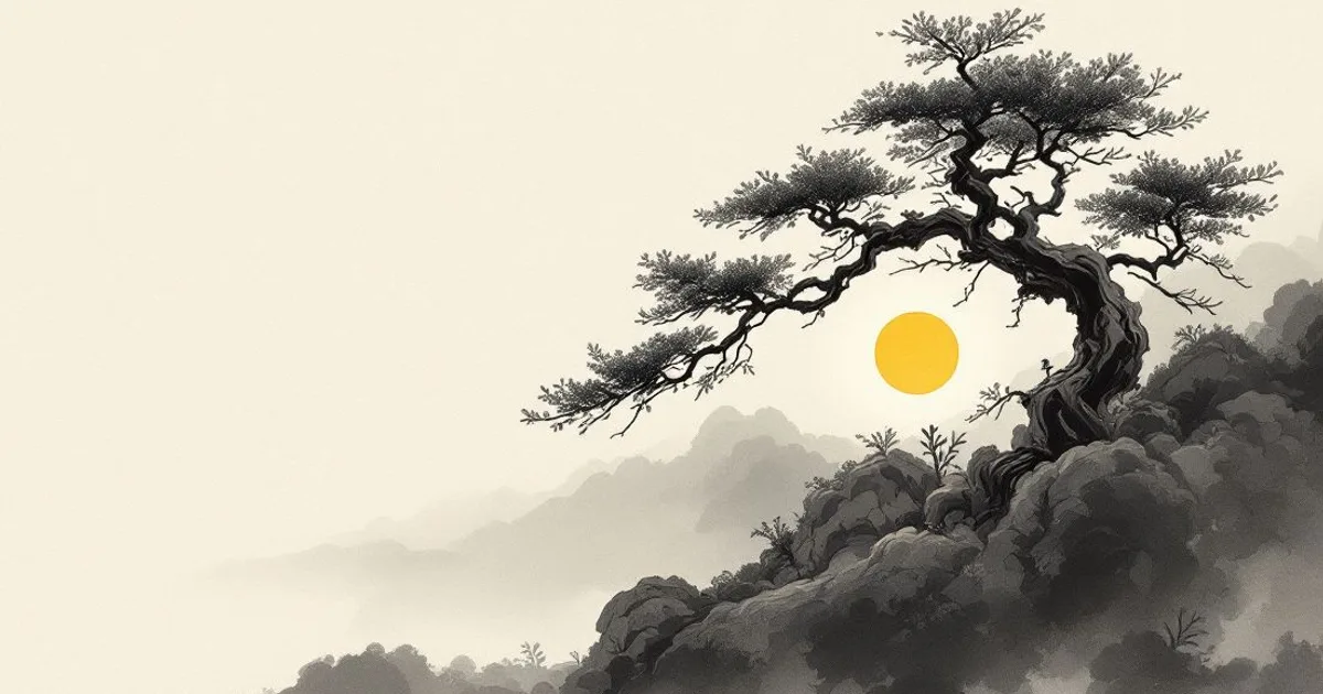 Sumi-e ink-wash illustration: soft first light breaking gently over a quiet landscape.