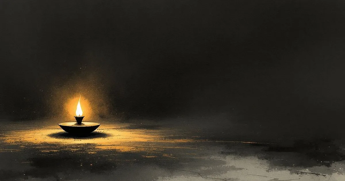 Sumi-e ink-wash illustration: a small lamp glowing in soft darkness with first light beyond.