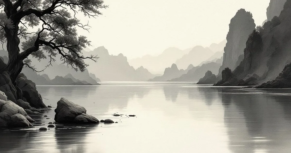 Sumi-e ink-wash illustration: still water dissolving a reflection into open space.