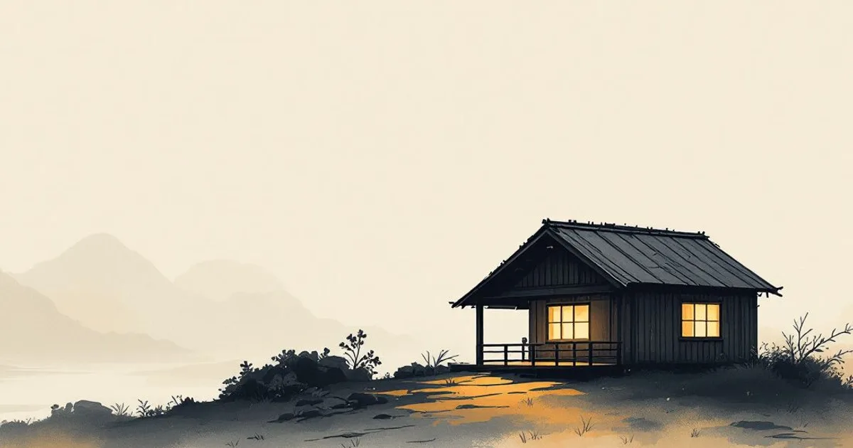 Buddhism and Family: a wooden house with warm lit windows at dusk (ink-wash illustration)