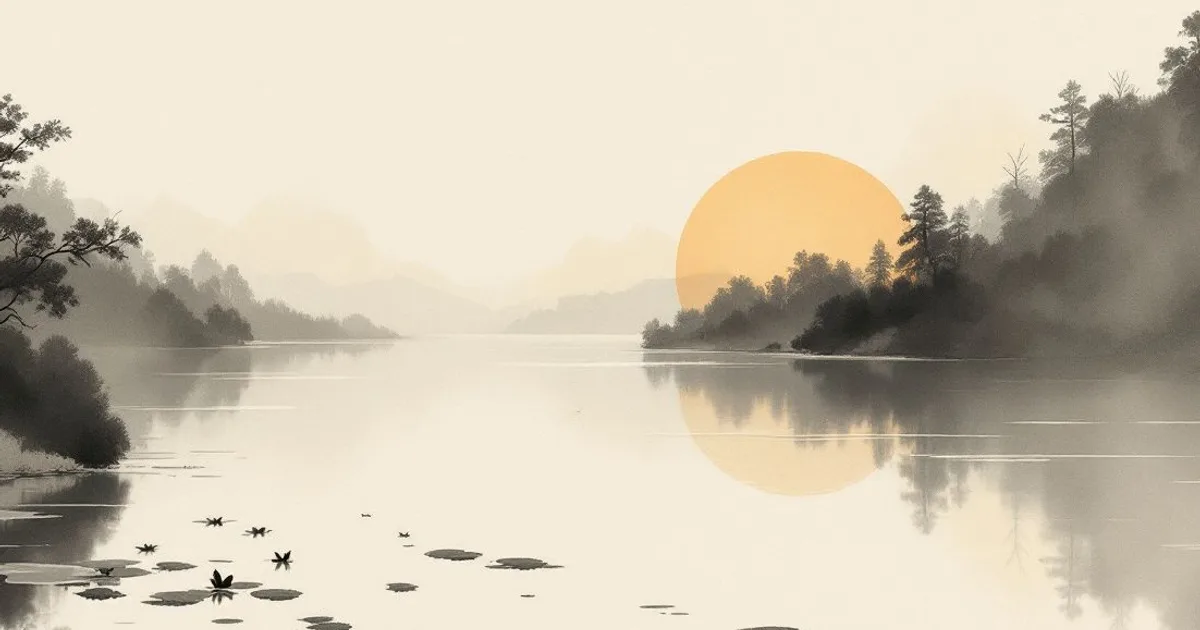 Sumi-e ink-wash illustration: a still pond at dawn.