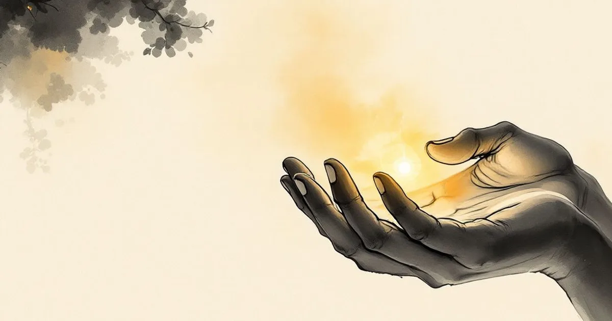 Sumi-e ink-wash illustration: two cupped hands holding a small warm light.
