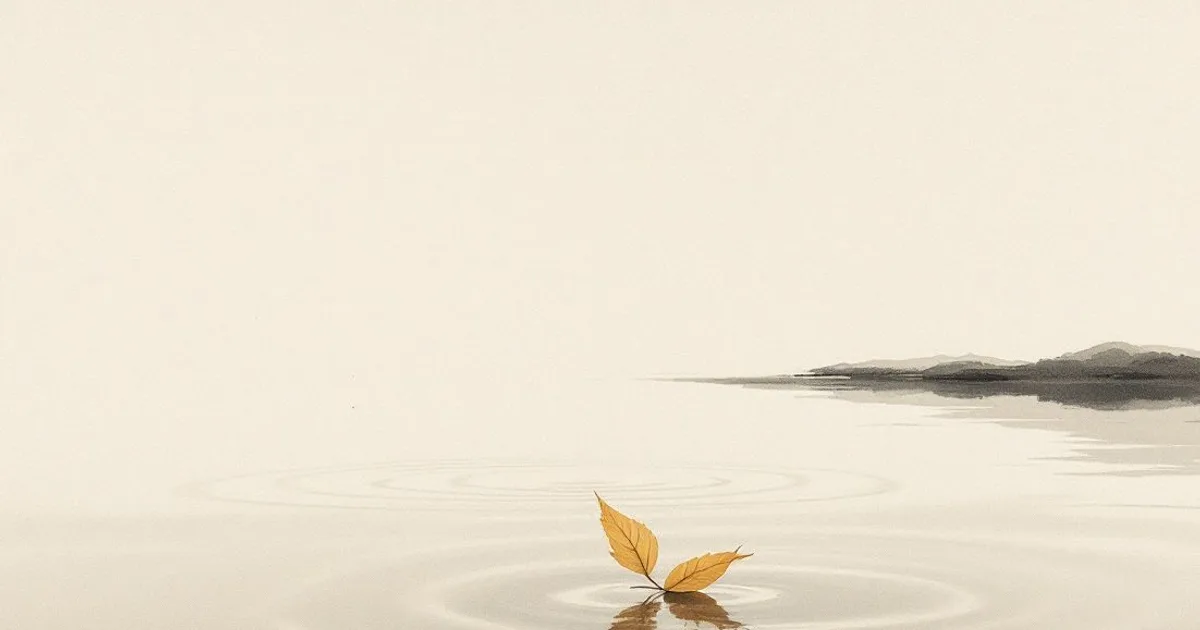 Sumi-e ink-wash illustration: a single leaf drifting down onto still water.
