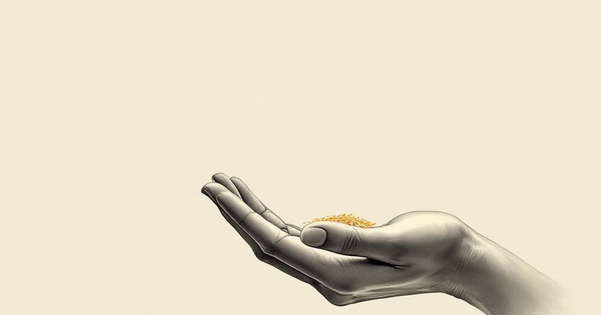 Sumi-e ink-wash illustration: an open hand and a single grain of rice, spare and calm.