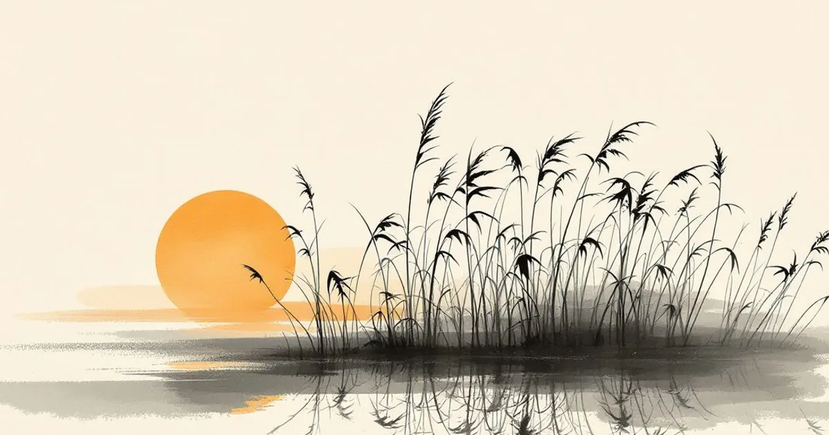 Sumi-e ink-wash illustration: a tangle of reeds opening onto open still water.