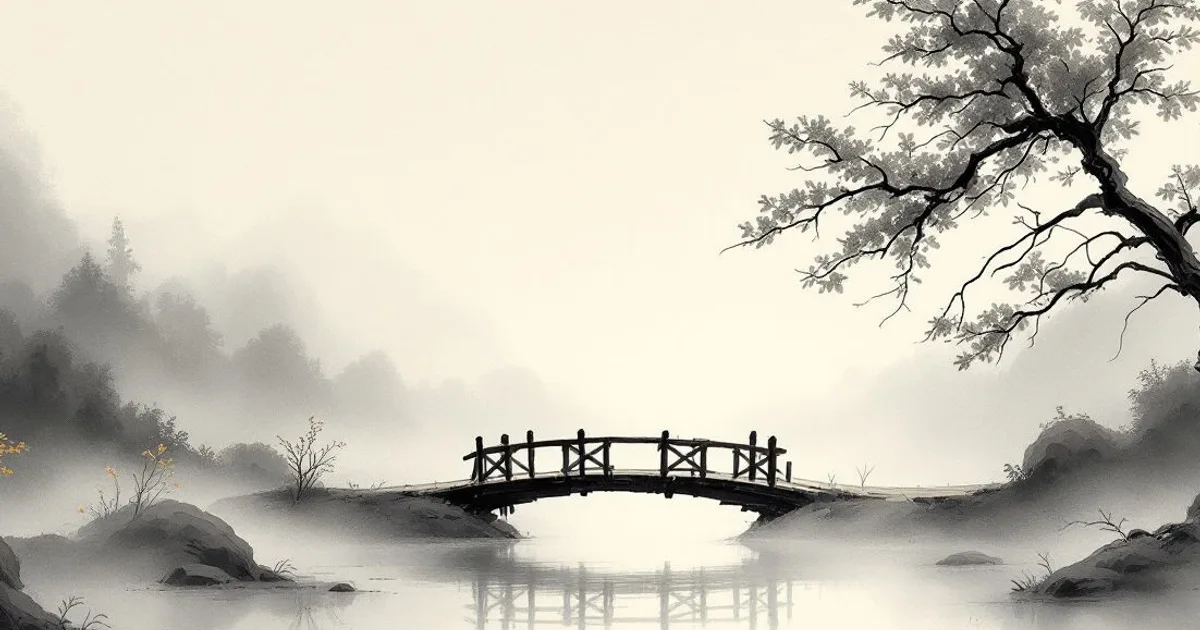 Sumi-e ink-wash illustration: a simple wooden bridge in morning mist.