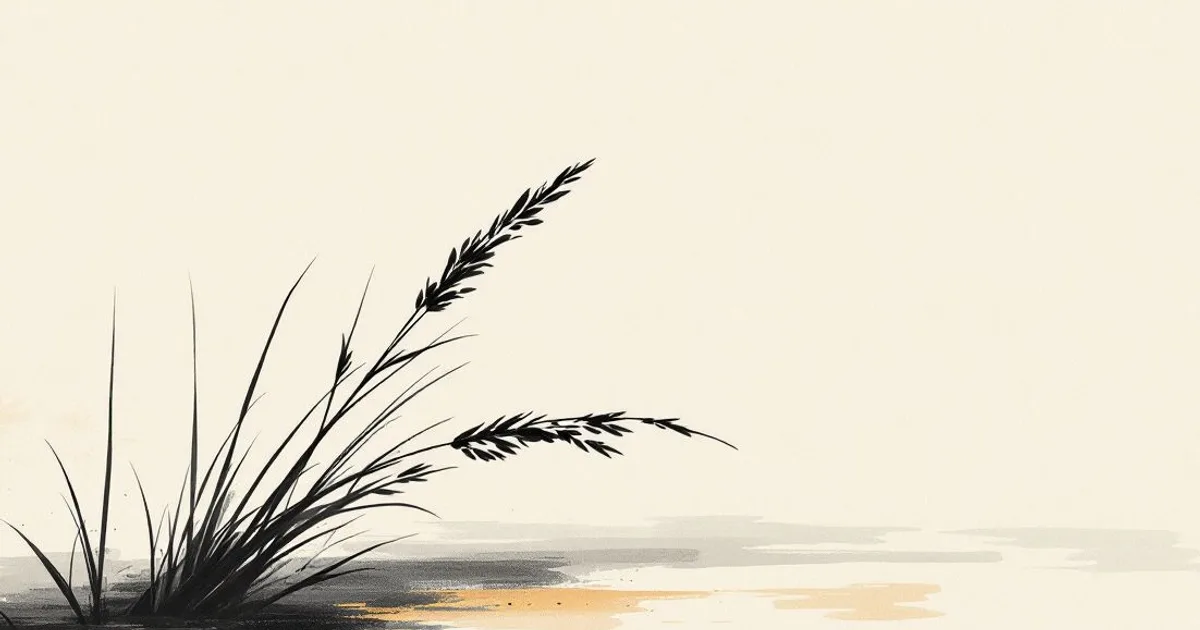 Sumi-e ink-wash illustration: two reeds leaning gently together over calm water.