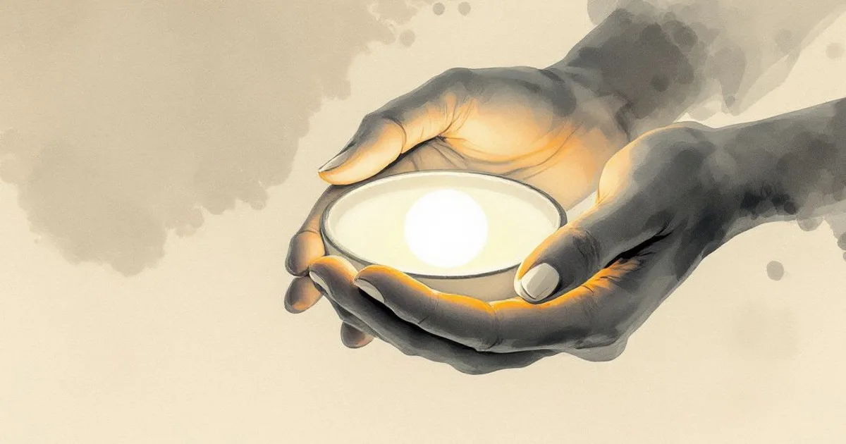 Sumi-e ink-wash illustration: two cupped hands cradling a small steady light.